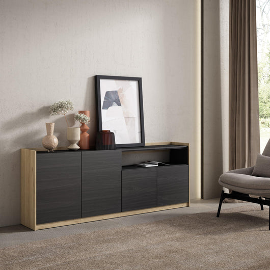 Credenza, Mobile, Cucina, 207x80x37 cm, 4 Porte, grande stoccaggio, Nero e rovere RF3890