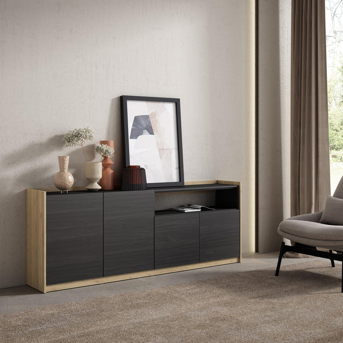 Credenza, Mobile, Cucina, 207x80x37 cm, 4 Porte, grande stoccaggio, Nero e rovere RF3890