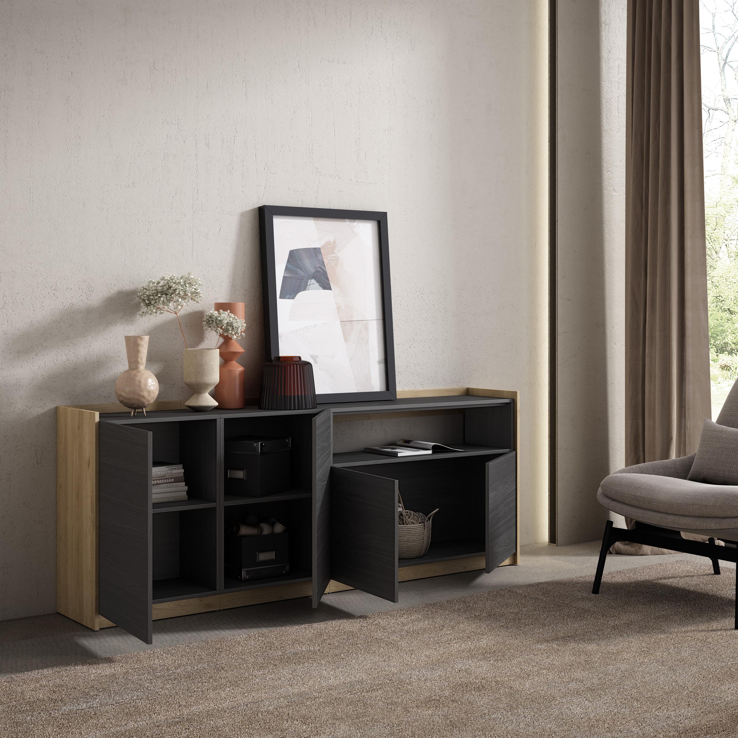 Credenza, Mobile, Cucina, 207x80x37 cm, 4 Porte, grande stoccaggio, Nero e rovere RF3890