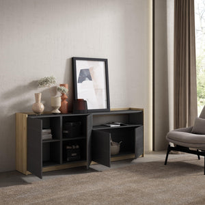 Credenza, Mobile, Cucina, 207x80x37 cm, 4 Porte, grande stoccaggio, Nero e rovere RF3890