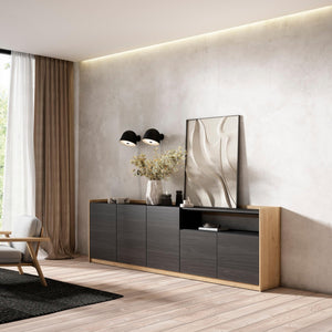 Credenza, Mobile, Cucina, 260x80x37 cm, 5 Porte, grande stoccaggio, Nero e rovere RF3881