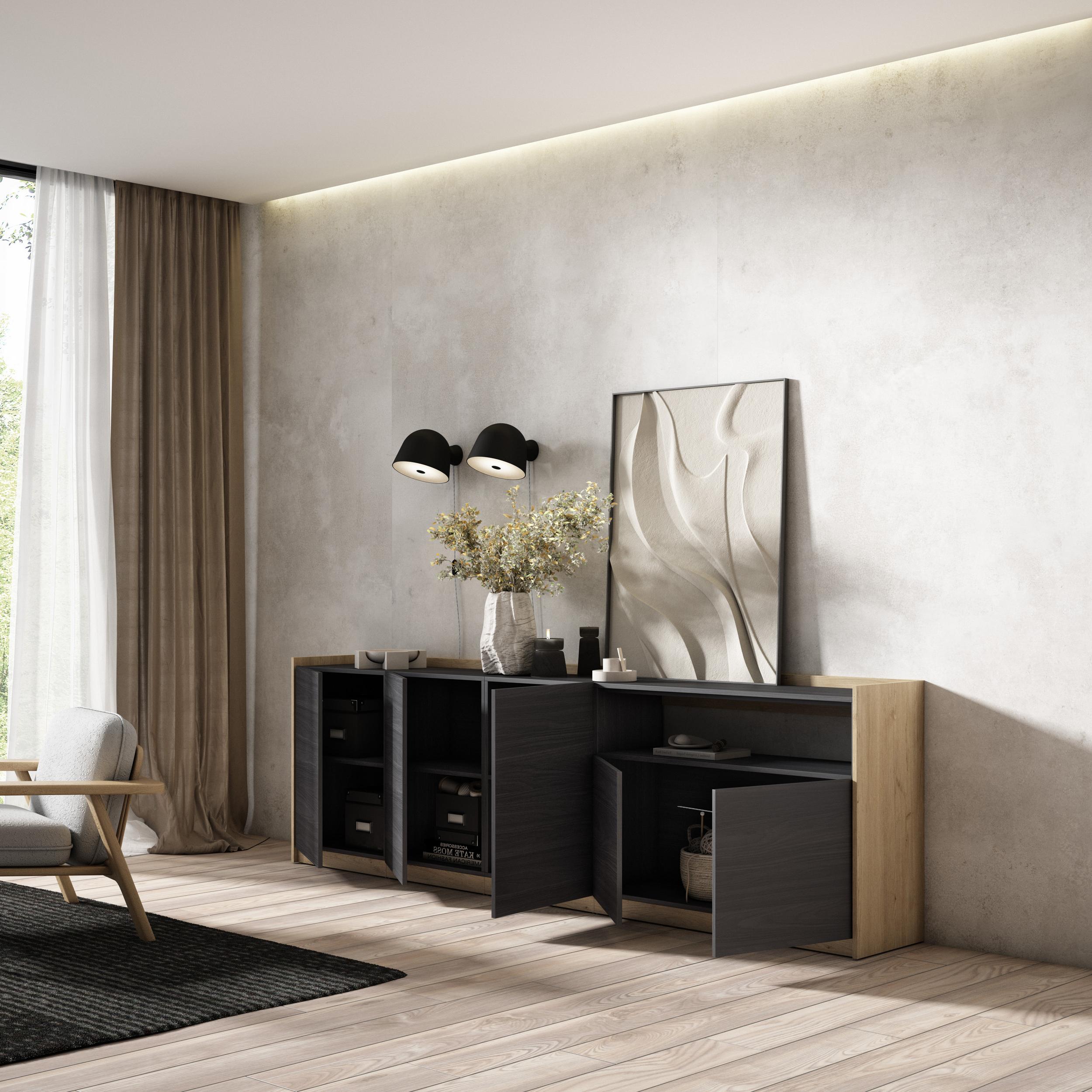 Credenza, Mobile, Cucina, 260x80x37 cm, 5 Porte, grande stoccaggio, Nero e rovere RF3881