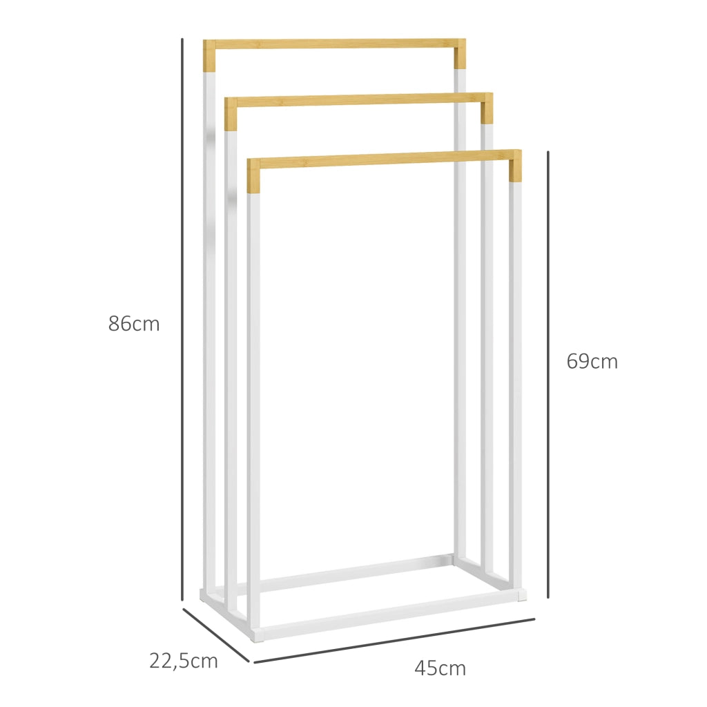 Portasalviette autoportante a 3 livelli in acciaio e bambù, bianco, 45 x 22,5 x 86 cm
