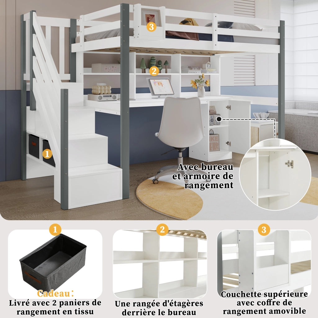 Letto a Soppalco 90x200 cm - Scala Laterale; Scrivania; Libreria e Armadio - Bianco