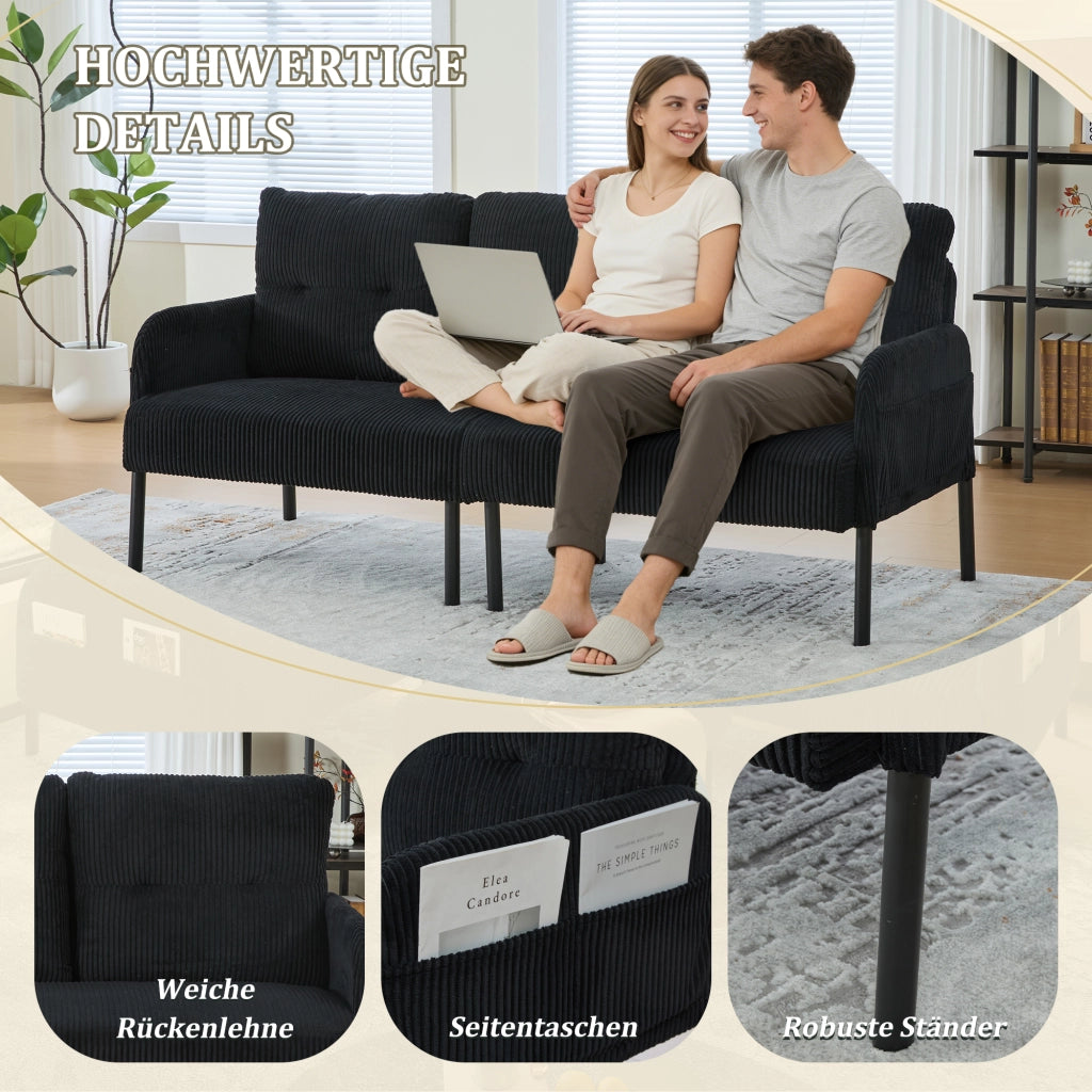 Divano a tre posti in velluto a coste con schienale ergonomico, tasca laterale e struttura in metallo nero 171 × 72 × 80 cm