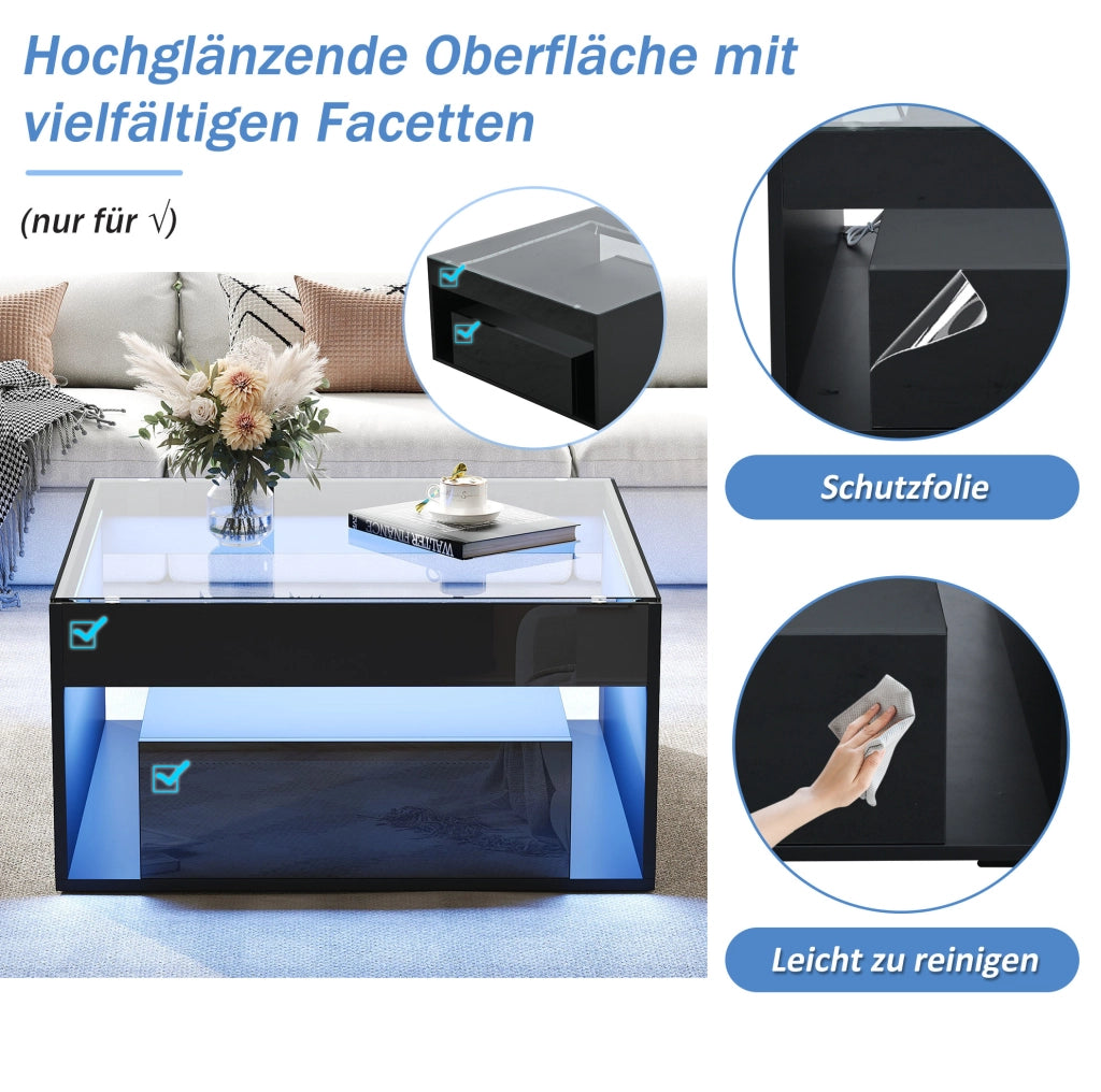 Tavolino da caffè 70x70 cm con LED, 2 cassetti e vetro