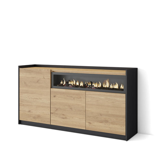 Credenza, Mobile, Cucina, 156x80x37 cm, 3 Porte, Camino elettrico, Rovere e nero
