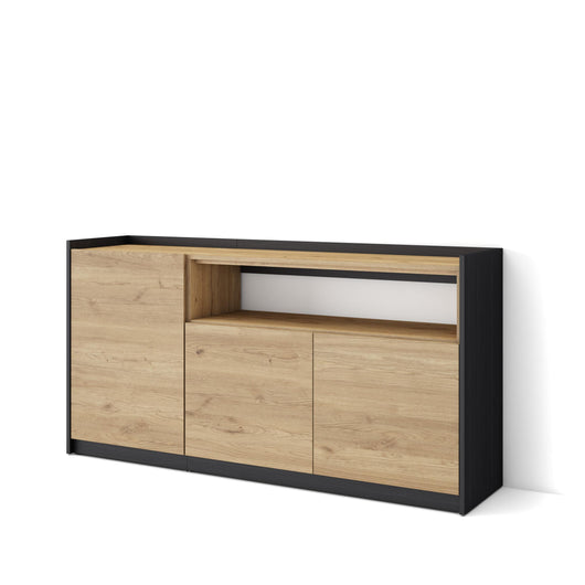 Credenza, Mobile, Cucina, 156x80x37 cm, 3 Porte, grande stoccaggio, Rovere e nero