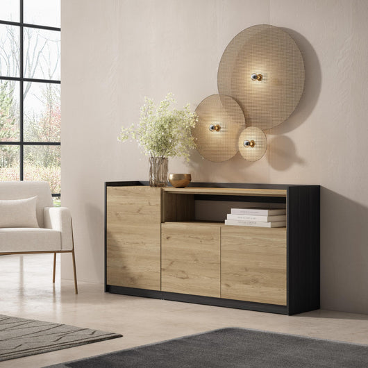Credenza, Mobile, Cucina, 156x80x37 cm, 3 Porte, grande stoccaggio, Rovere e nero