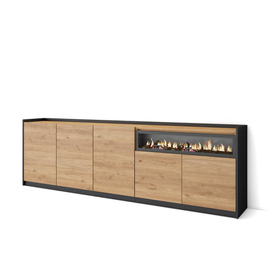 Credenza, Mobile, Cucina, 260x80x37 cm, 5 Porte, Camino elettrico, Rovere e nero