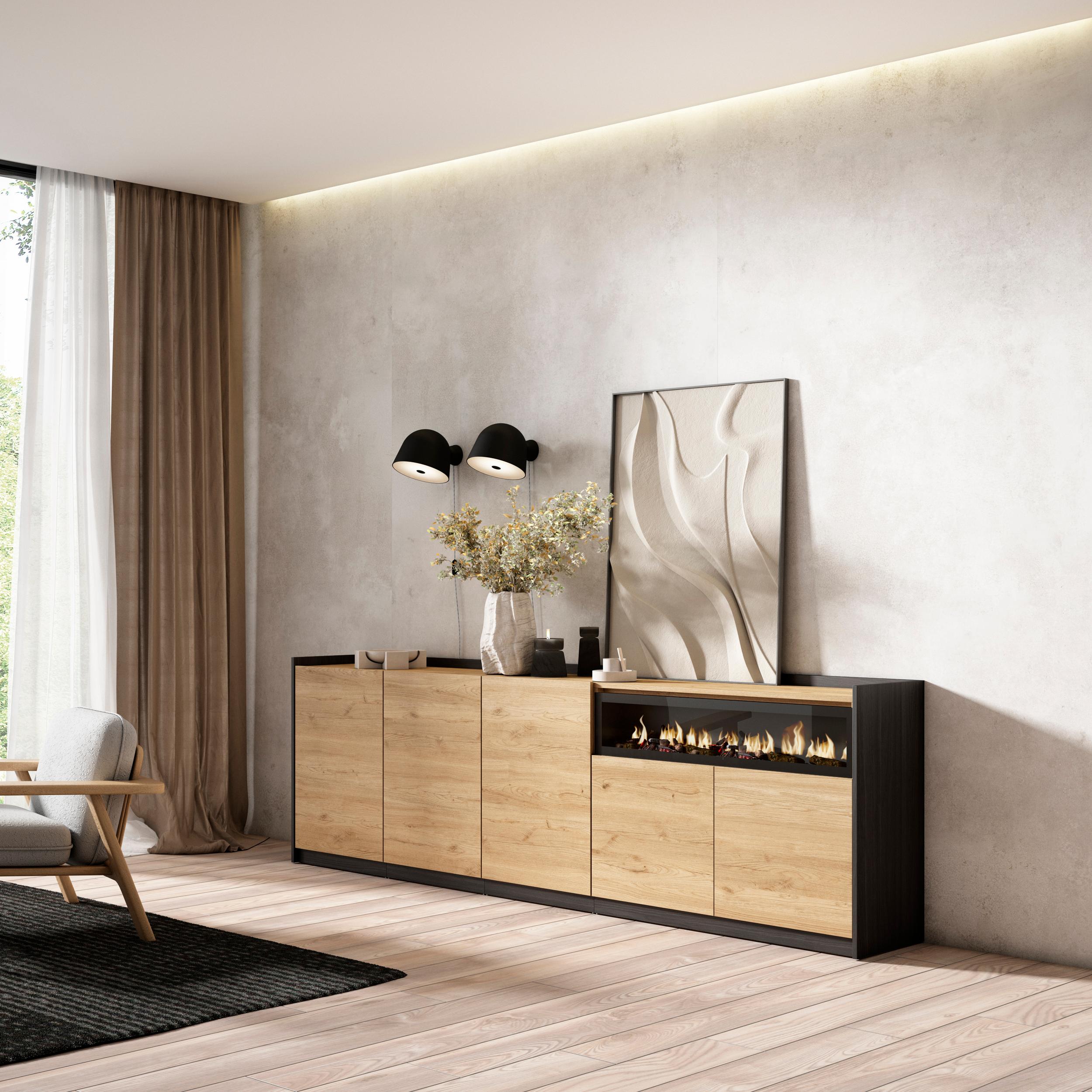 Credenza, Mobile, Cucina, 260x80x37 cm, 5 Porte, Camino elettrico, Rovere e nero