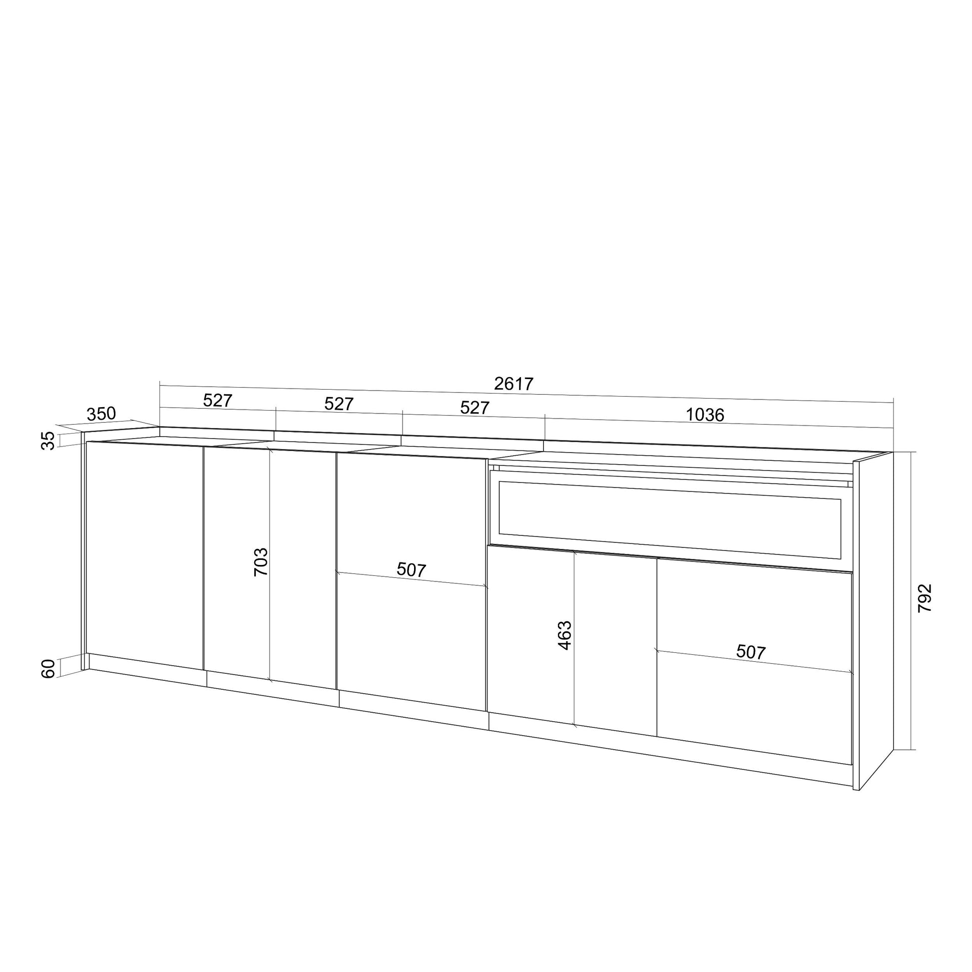 Credenza, Mobile, Cucina, 260x80x37 cm, 5 Porte, Camino elettrico, Rovere e nero