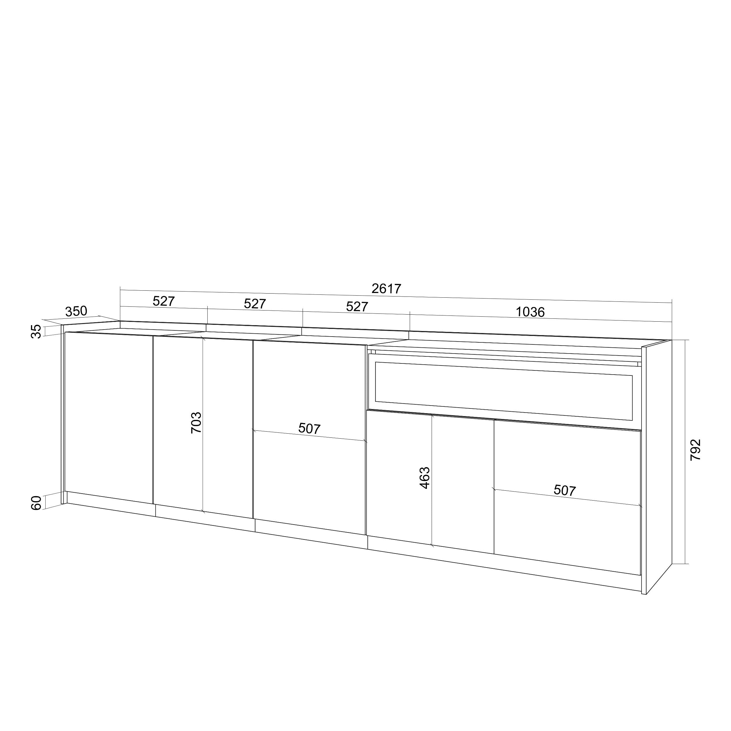 Credenza, Mobile, Cucina, 260x80x37 cm, 5 Porte, Camino elettrico, Rovere e nero
