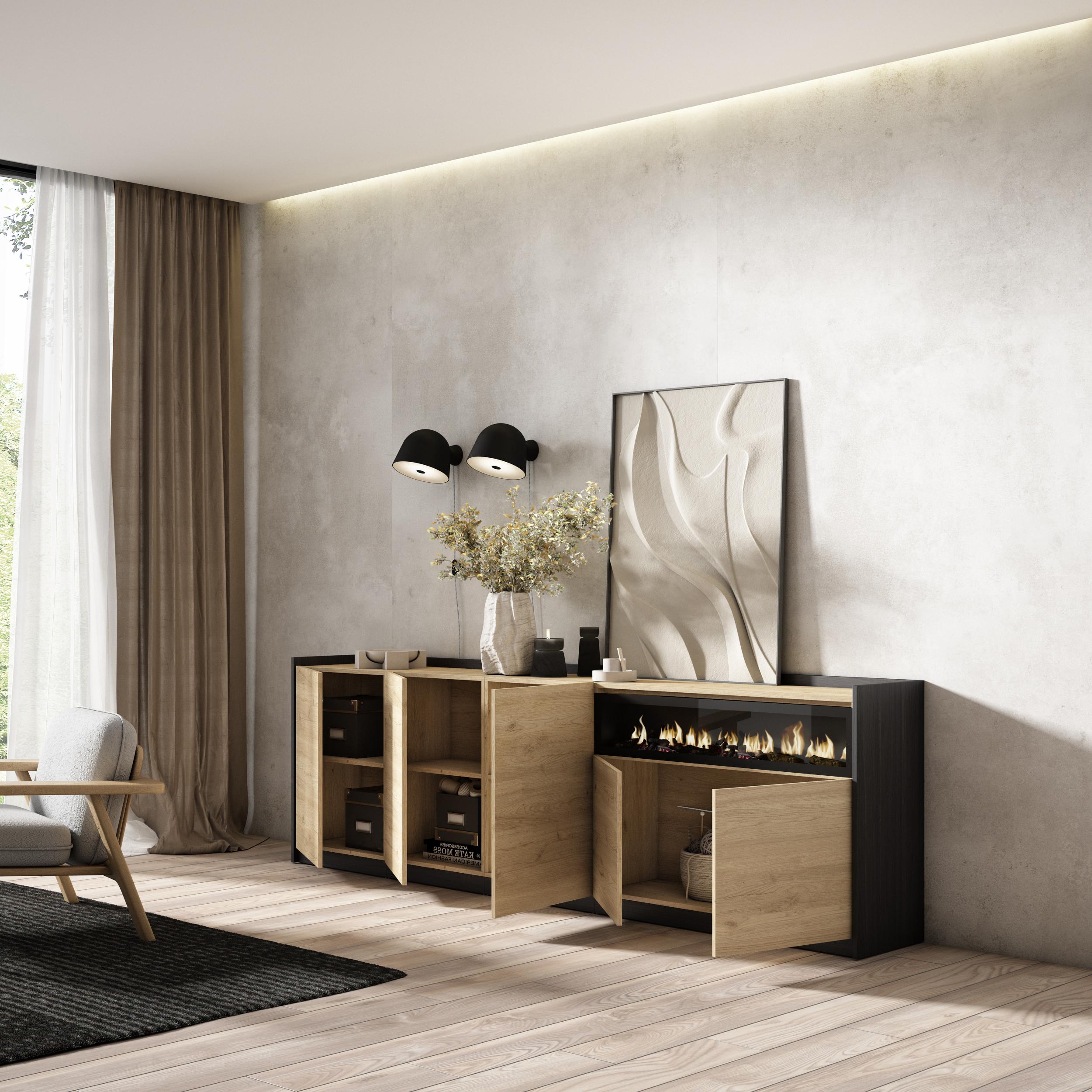 Credenza, Mobile, Cucina, 260x80x37 cm, 5 Porte, Camino elettrico, Rovere e nero