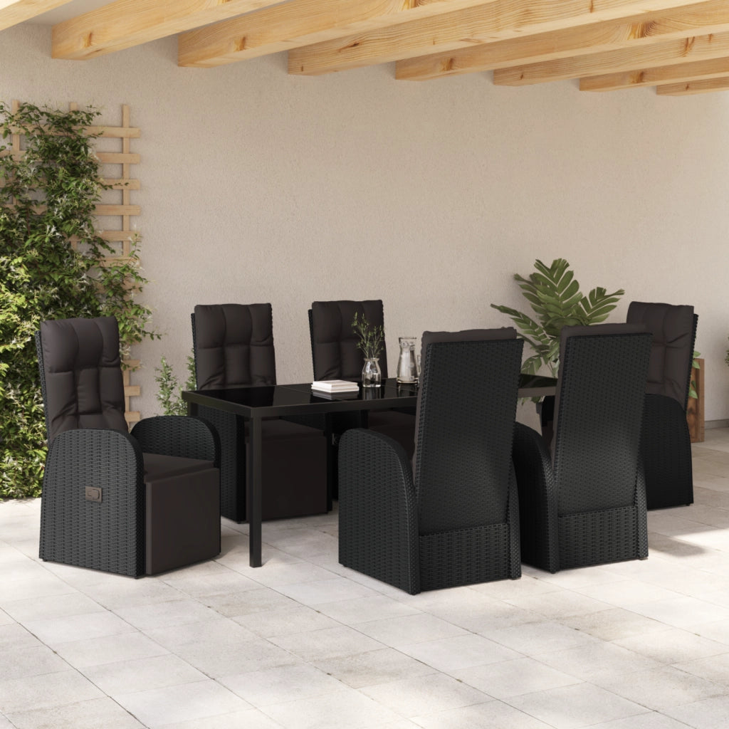 Set da Pranzo da Giardino 7 Pezzi con Cuscini Nero Polyrattan