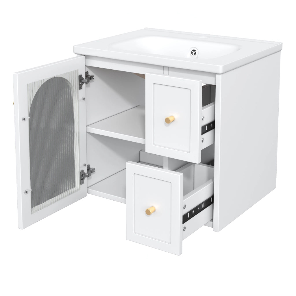 Mobile Bagno Sospeso con Lavabo in Ceramica, LED e Anta in Vetro ¨C MINIMAL ¨C Nero/Bianco