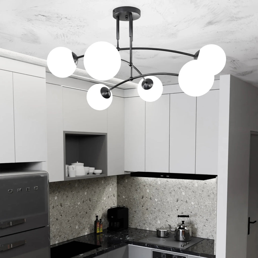 Plafoniera Moderna 6 Luci Susanoo In Acciaio Nero E Vetri A Sfera In Bianco