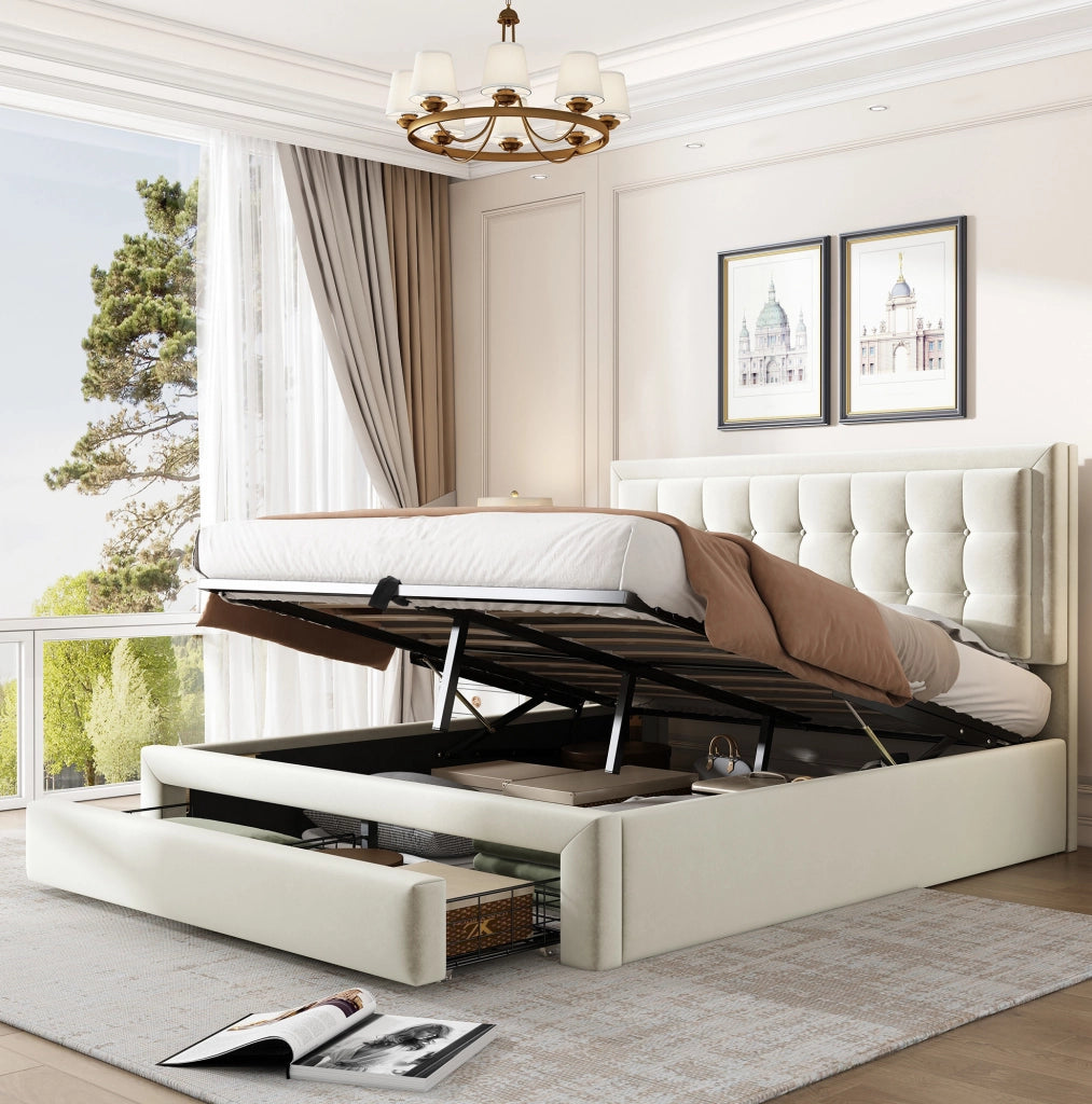 Letto imbottito in velluto beige con contenitore e cassetti