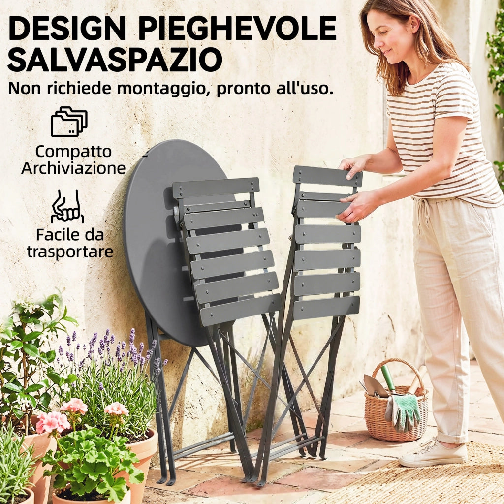 Set Bistr¨° Esterno, Arredo Giardino Pieghevole con Tavolo e 2 Sedie, Nero.