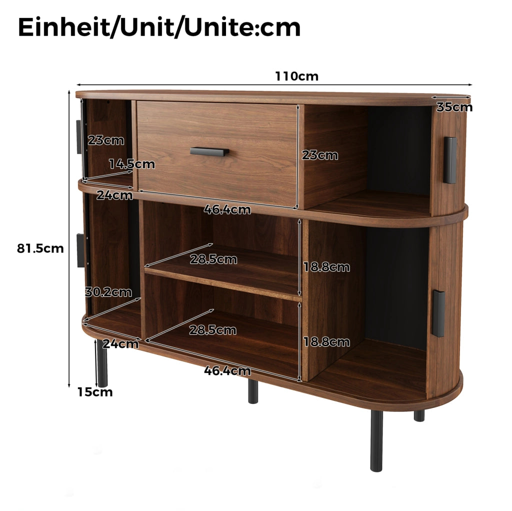 Credenza a due livelli con ante scorrevoli e cassetto; 110x35x81;5 cm; MDF e truciolare; noce