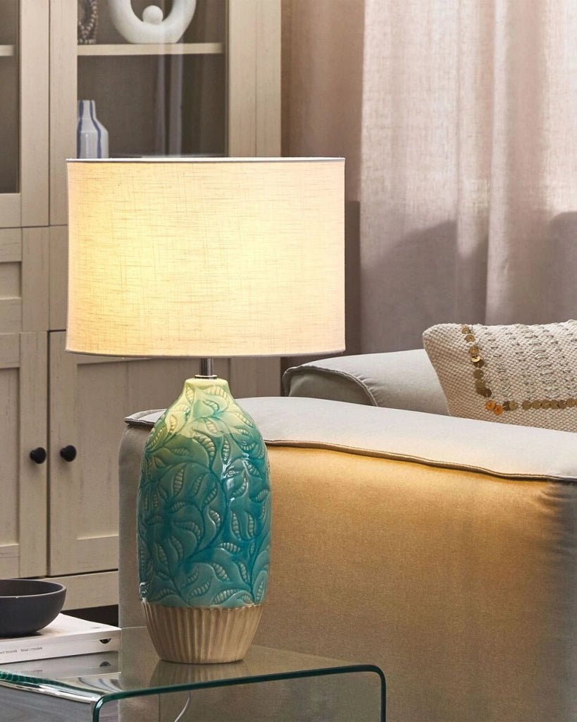 Lampada da Tavolo Turchese Ceramica Base Decorata Paralume in Tessuto Bianco Boho Rustic Design Home Illuminazione