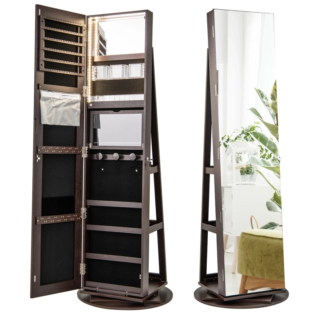 360° Rotating Mirrored Jewelry Cabinet Armoire 3 Color LED Modes Lockable-Espresso
