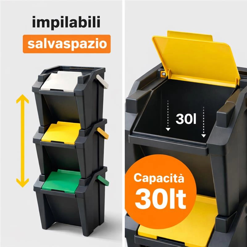 SET 3 PATTUMIERE MODULARI 30L NERE IMPILABILI 38X37X25/37 CM, TOWER RACCOLTA DIFFERENZIATA SALVASPAZIO CON APERTURA FRONTALE PER CUCINA E RIPOSTIGLIO