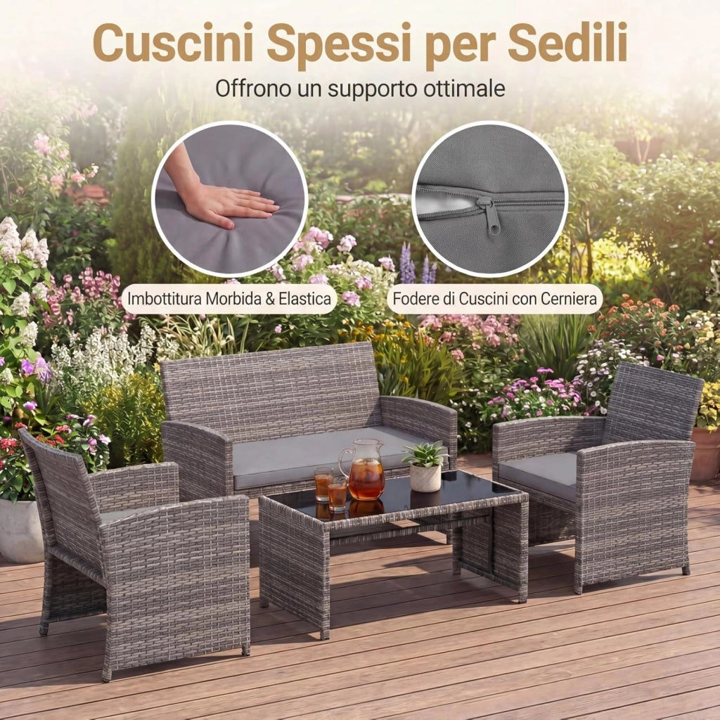 Set Mobili da Giardino in Rattan PE, Divano a 2 Posti e 2 Poltrone con Cuscini Comfort, Tavolino con Piano in Vetro, Arredo da Esterno per 4 Persone per Patio, Balcone, Cortile (Grigio+Grigio)