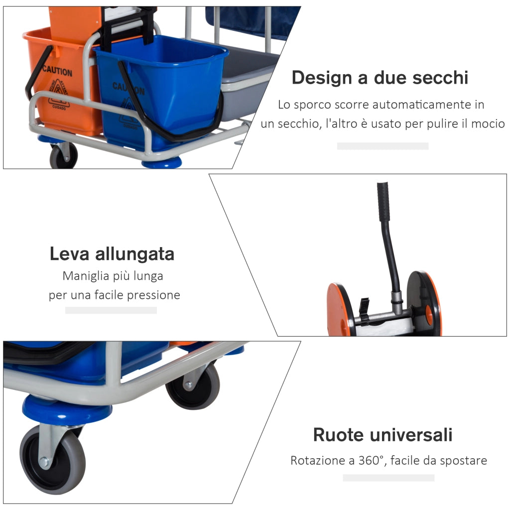 EasyComfort Carrello per Pulizie Professionale Multiuso con 4 Secchi Rotelle Borsa di Tela 118 × 73 × 103cm