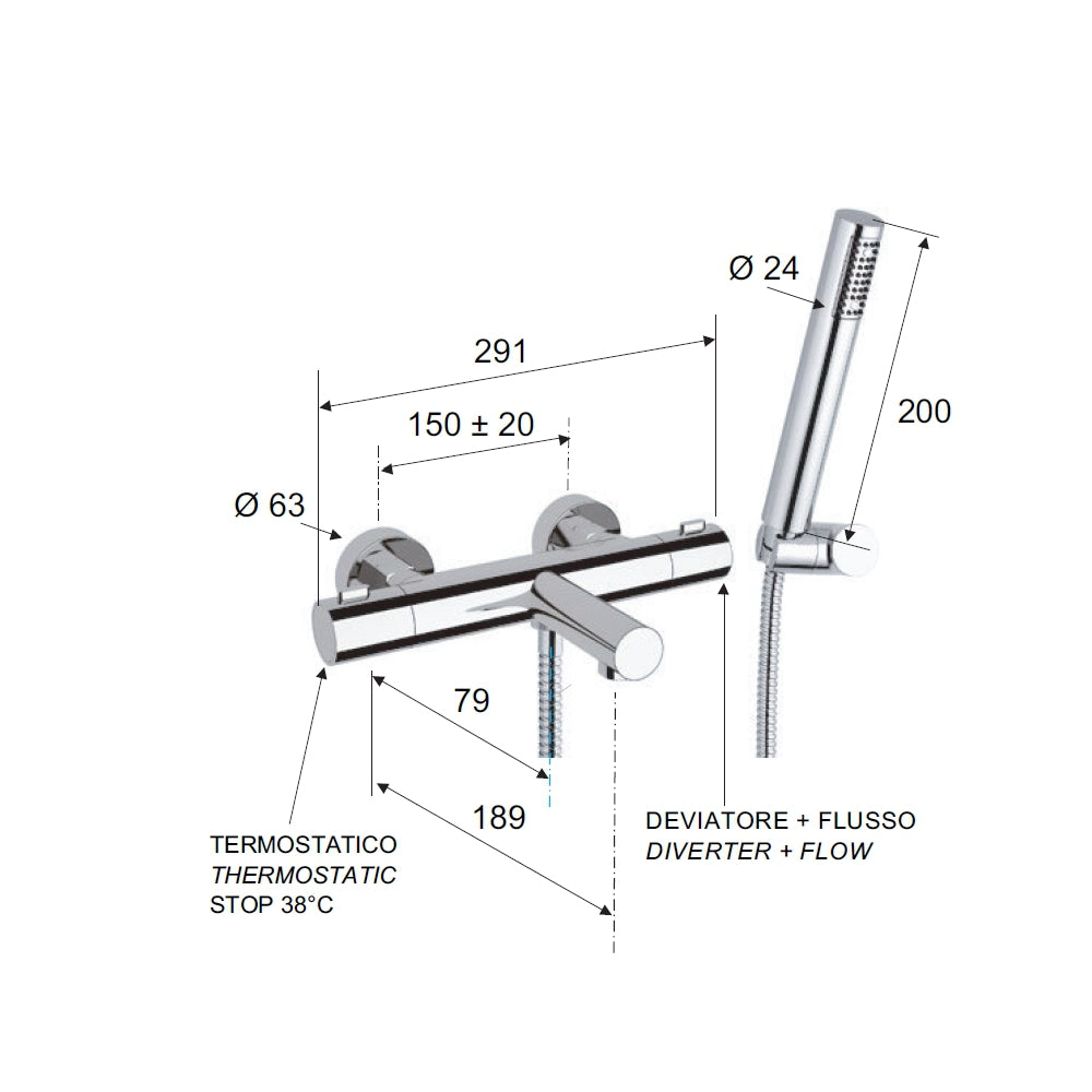 Rubinetto termostatico esterno vasca con kit doccia - serie elegance