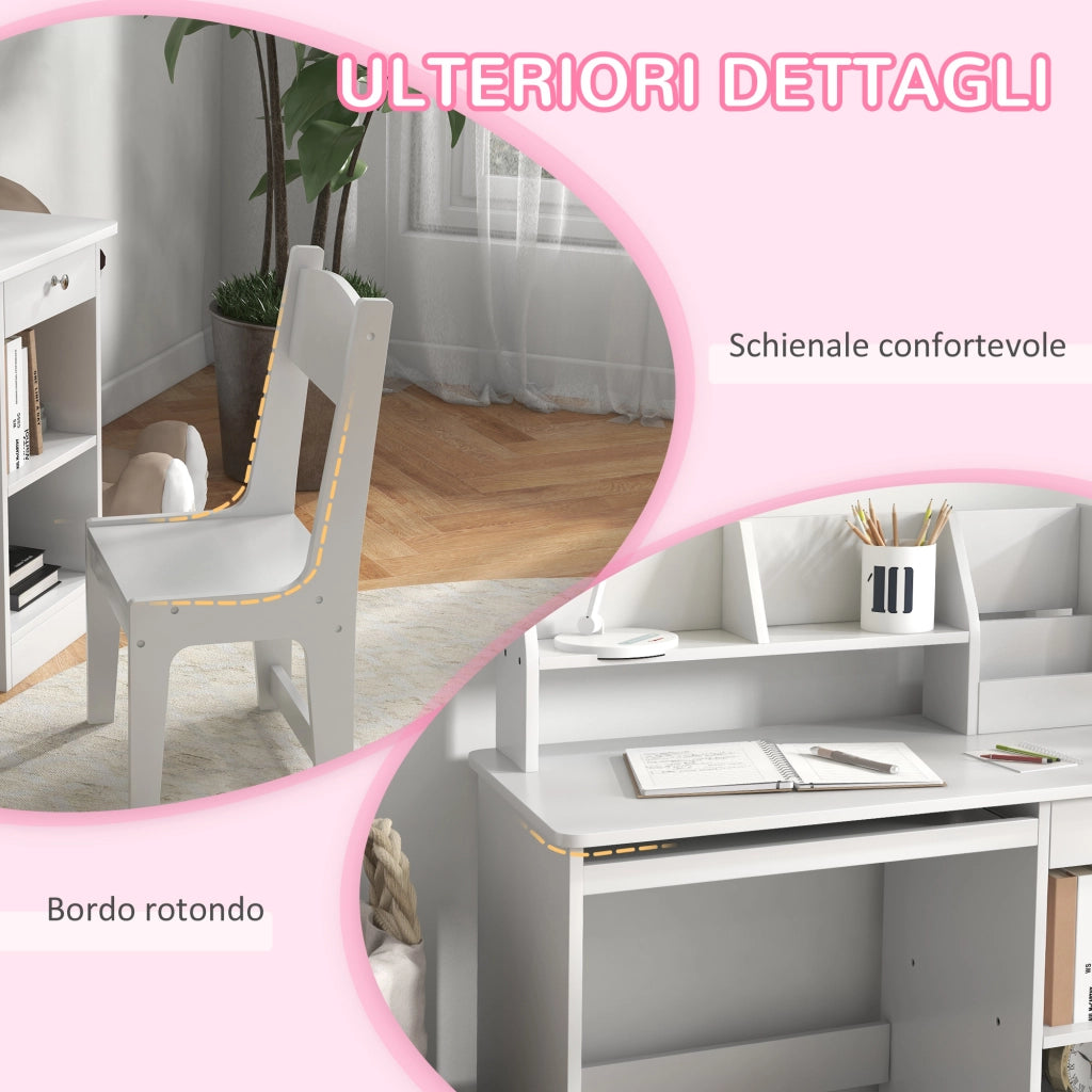 Banco Scuola e Sedia per Bambini da 5-8 Anni con Scaffale e Mensola Estraibile in Legno Bianco