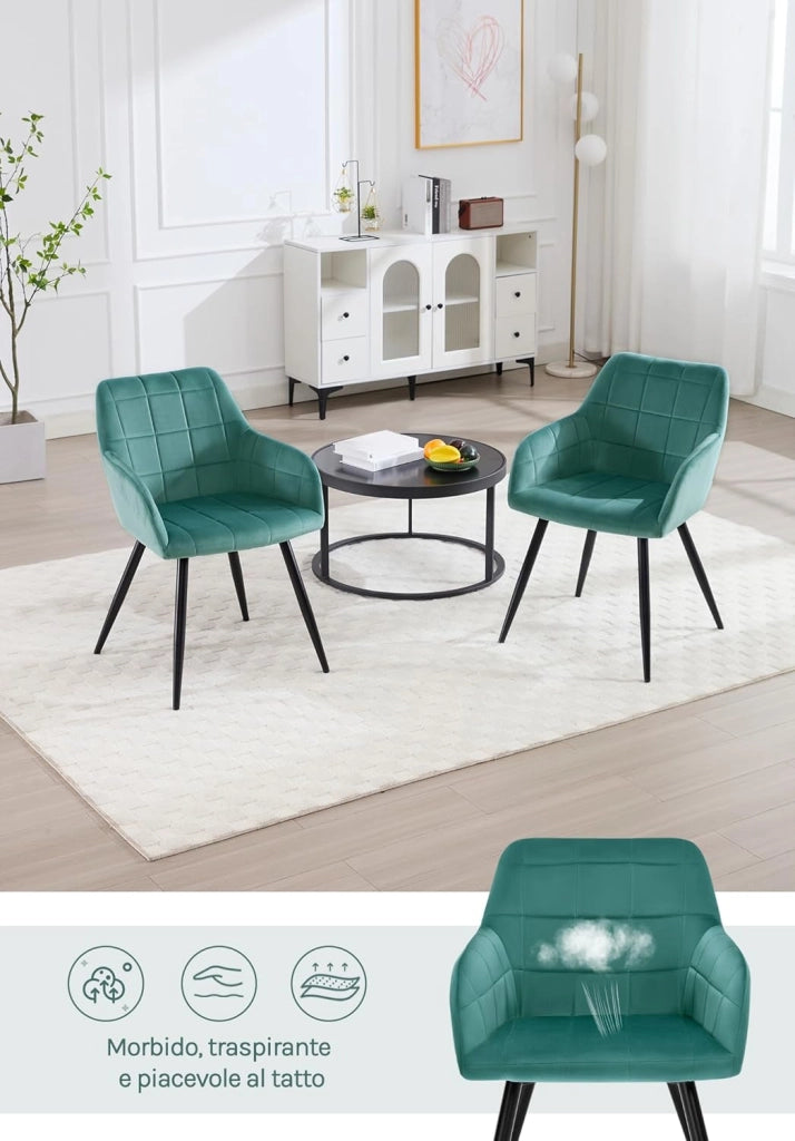Sedia per Sala da Pranzo Imbottita, Poltroncina in Velluto,Sedia da Cucina con Braccioli e Schienale, Gambe in Metallo, moderne,Azzurro, BH93ts-1