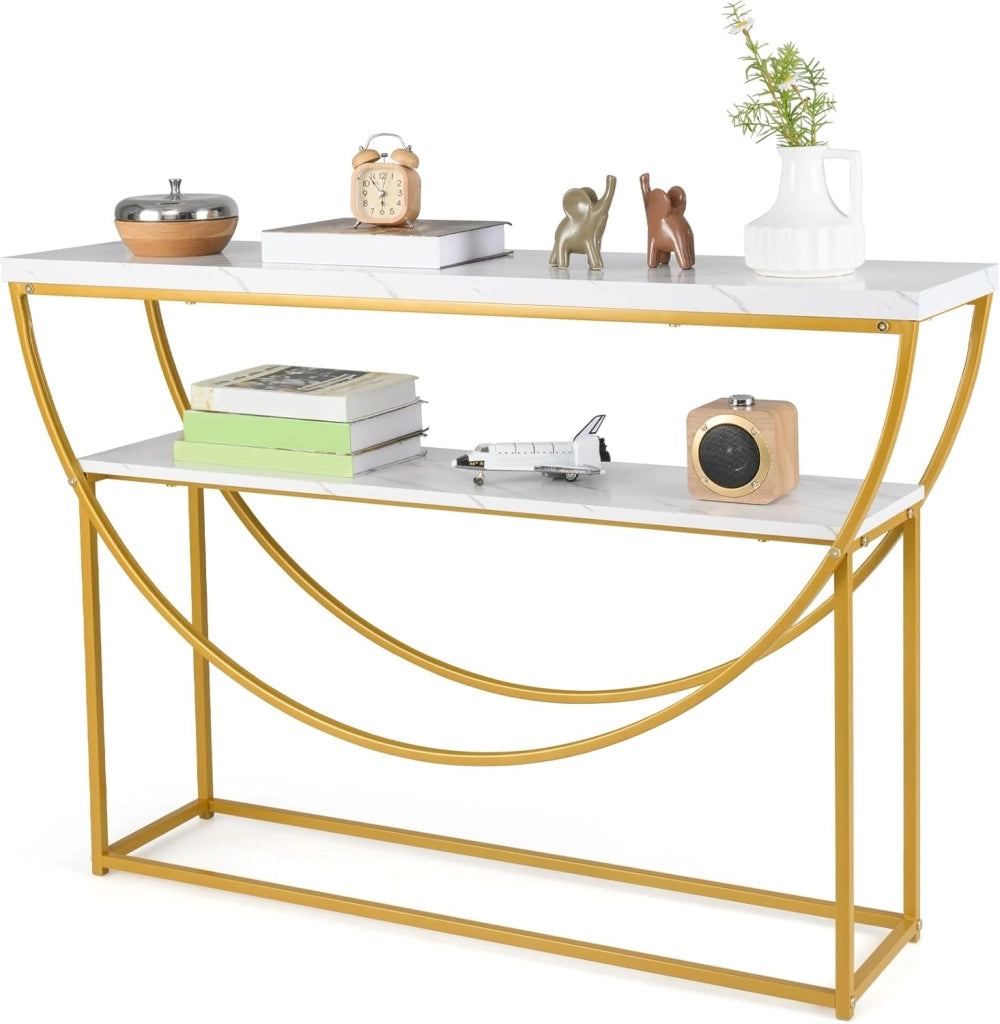 Tavolo consolle a 2 livelli, 120 x 30 x 80,5 cm, effetto marmo e telaio in metallo, tavolino ausiliario stretto per ingresso, corridoio e soggiorno