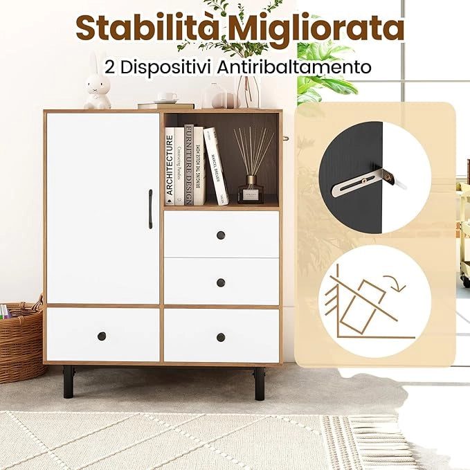 Credenza a Buffet, Armadietto da Cucina con 4 Cassetti, Scomparto Aperto e Gambe in Metallo, per Sala da Pranzo, Soggiorno, Ingresso, 80 x 45,5 x 97,5 cm (Naturale)