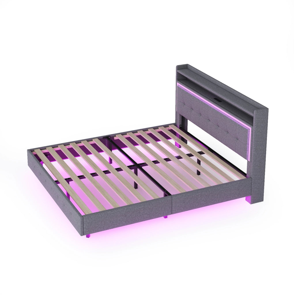Letto imbottito matrimoniale 140x200 cm con USB e LED; grigio in tessuto effetto lino