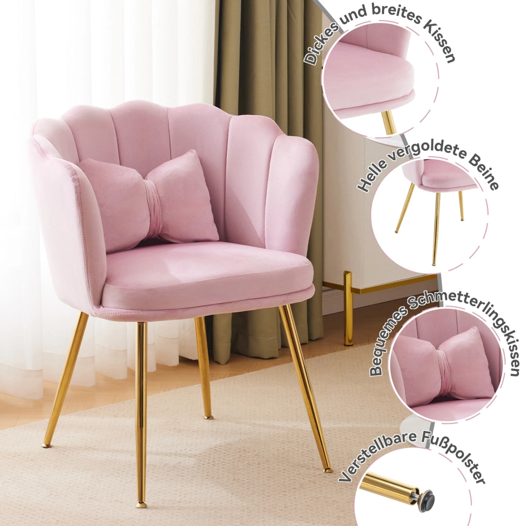 Poltrona da soggiorno in velluto rosa con schienale a petalo; cuscino e gambe in metallo 62x54x43 cm