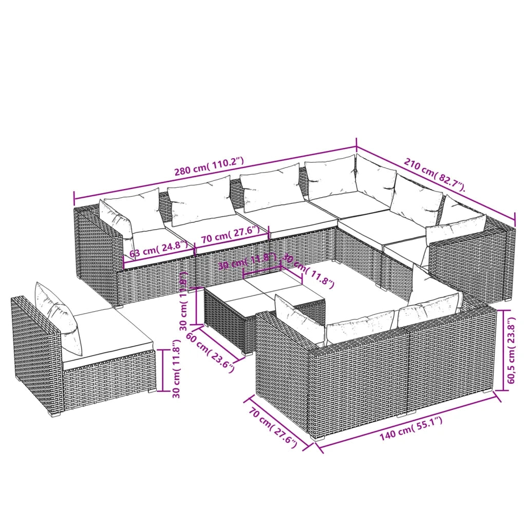 Set Divani da Giardino 10 pz con Cuscini in Polyrattan Marrone cod mxl 35199