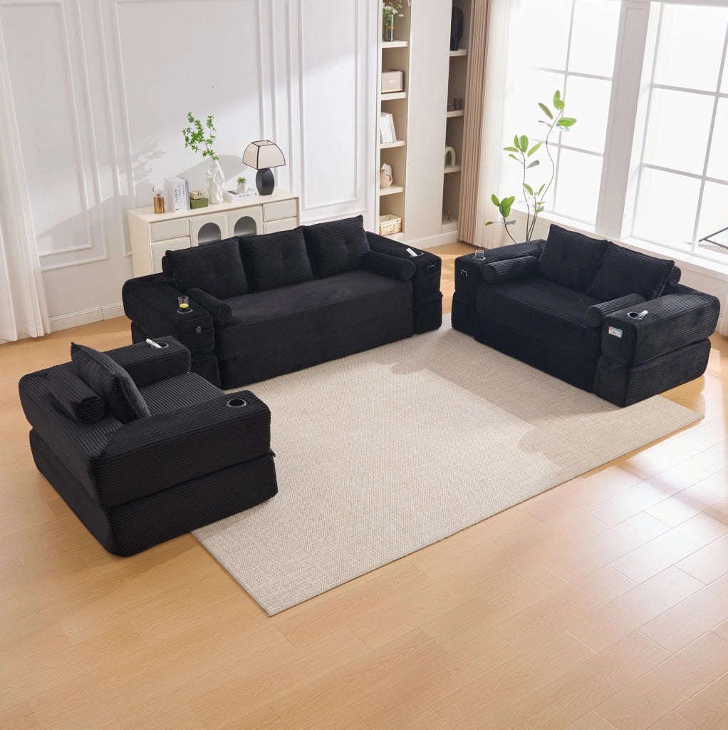 Divano letto modulare in velluto a coste nero 180x98 cm