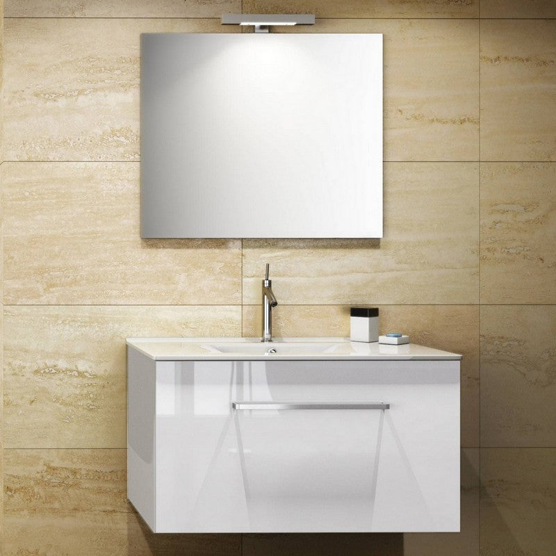 Mobile bagno sospeso bianco lucido serie Kio con lavabo e specchio cm. 90