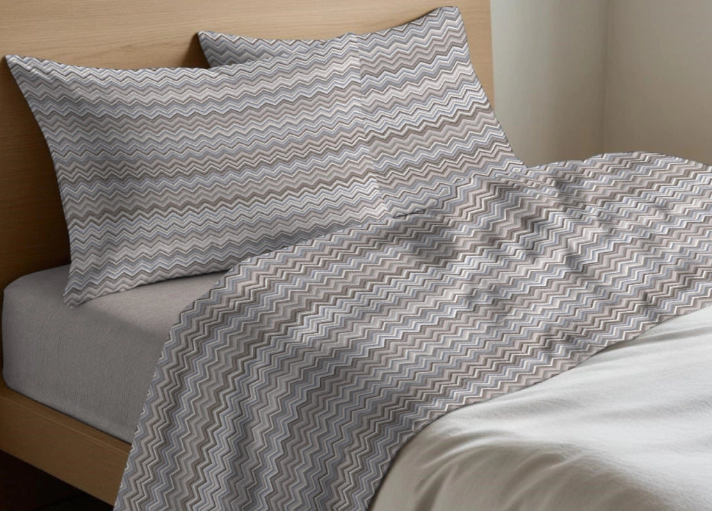 Completo Lenzuola Letto In 100% Cotone Rigato Zig Zag Disegno Baia - 1 Piazza e Mezza - Beige