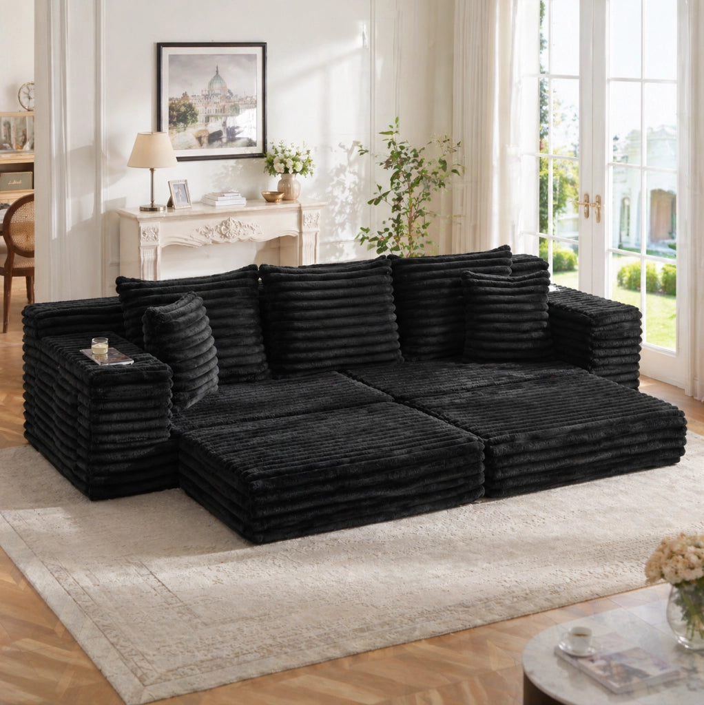 Divano modulare in tessuto a coste trasformabile in letto; 273x98x87 cm; nero