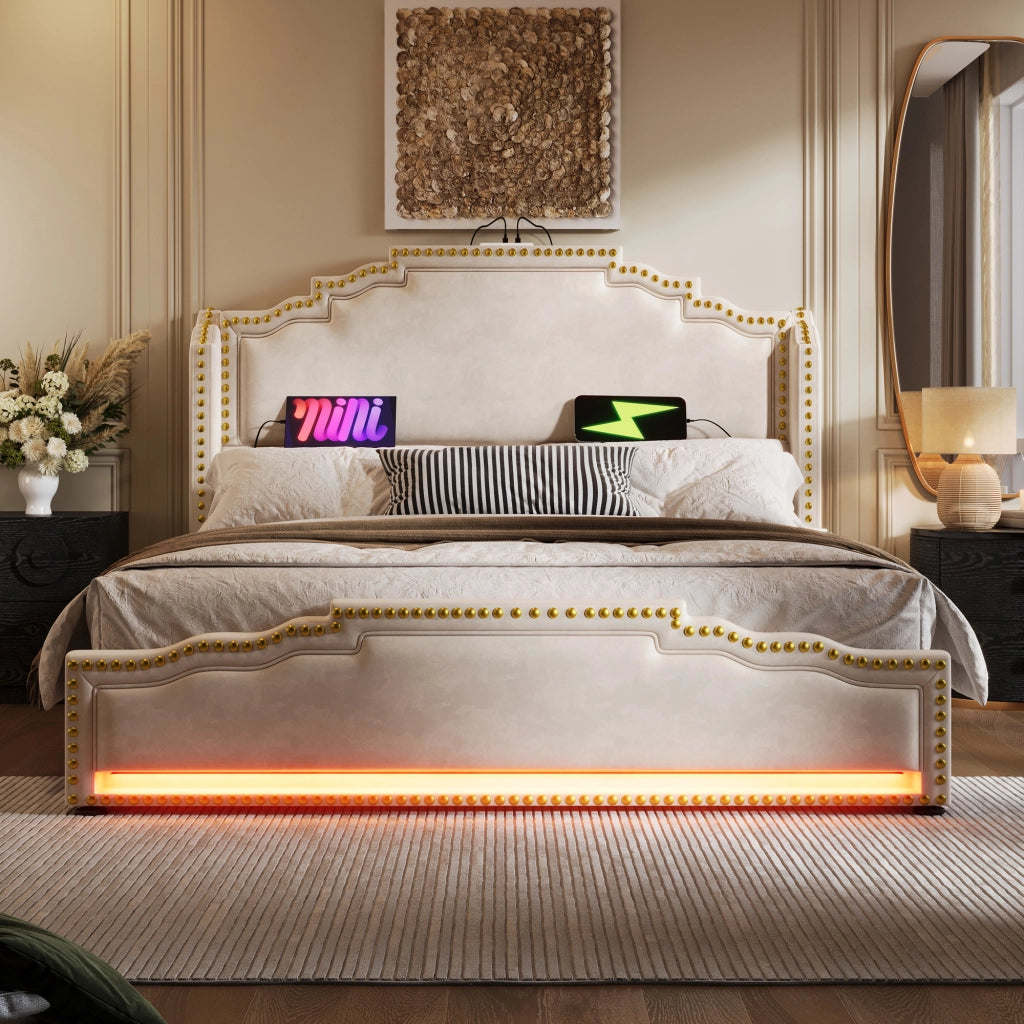 OKWISH Letto con Cassetti 140×200 cm, Letto Matrimoniale con 4 Cassetti, LED Regolabile e USB e Tipo C, senza Materasso, Velluto, Beige