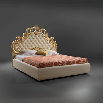 Letto matrimoniale imbottito Aleksandra in stile barocco con contenitore in ecopelle in crema inserti in oro e pietre cristallo