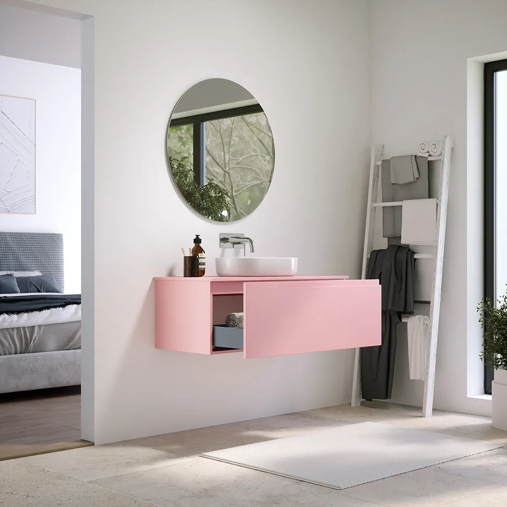 Mobile bagno sospeso 120 cm un cassetto rosa cipria opaco con top | Ardenne