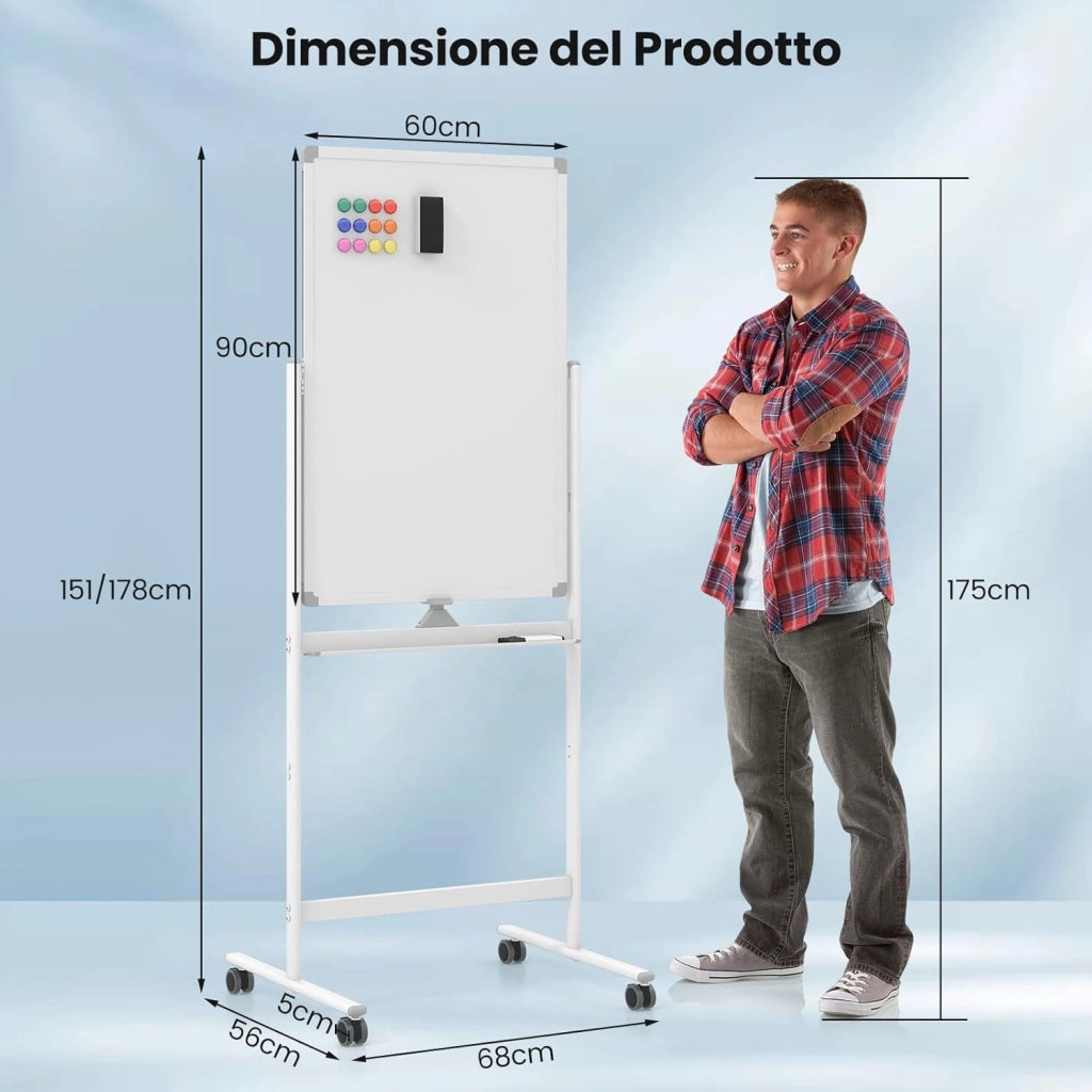 Lavagna Bianca Portatile con Ruote, Lavagna Bianca Regolabile in Altezza, Lavagna a Secco Reversibile per Scuola, Ufficio, Casa (Bianco)