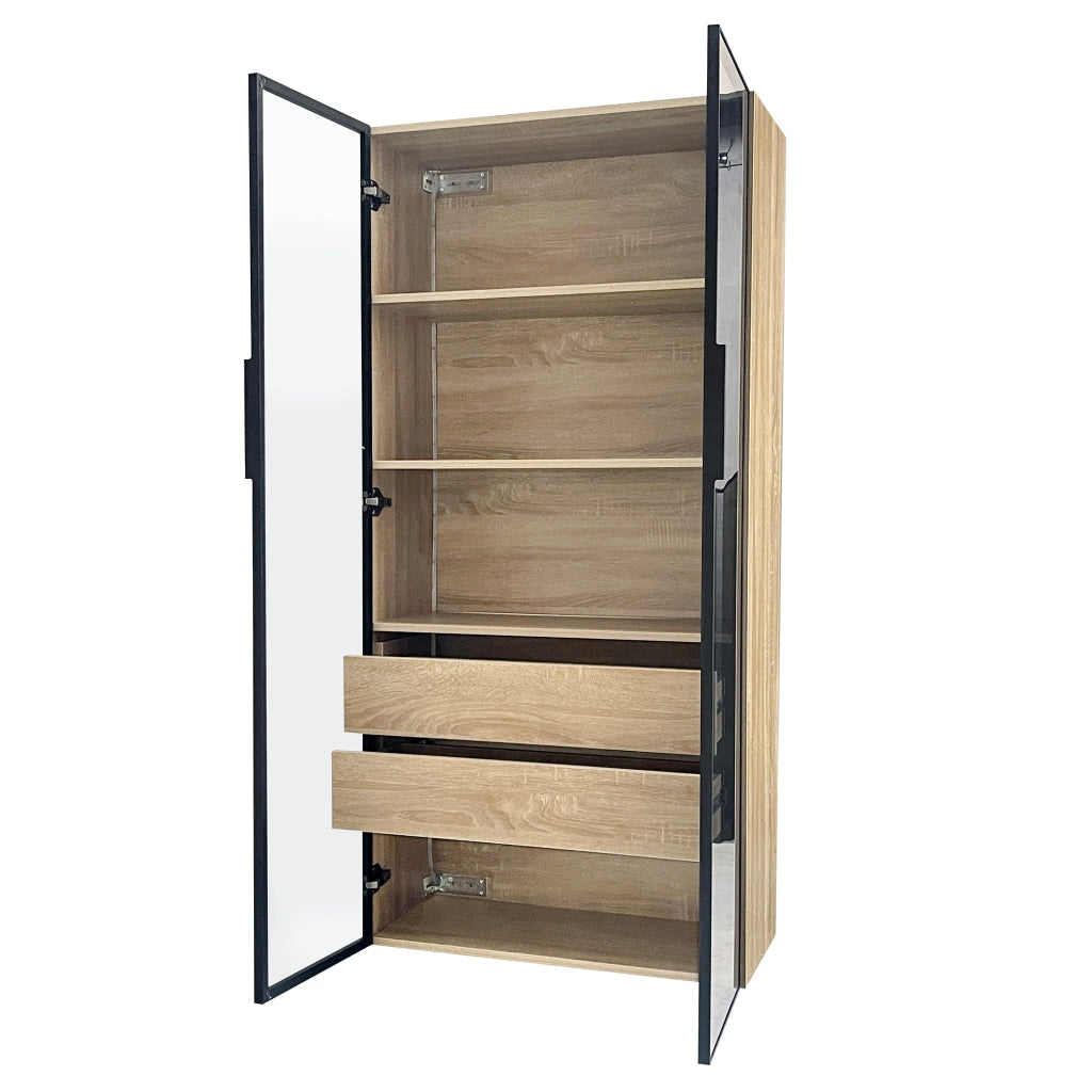Armadietto da bagno con LED e 2 cassetti, ante in vetro satinato, ripiani aperti, per bagno e camera, naturale, 74 × 36 × 155 cm