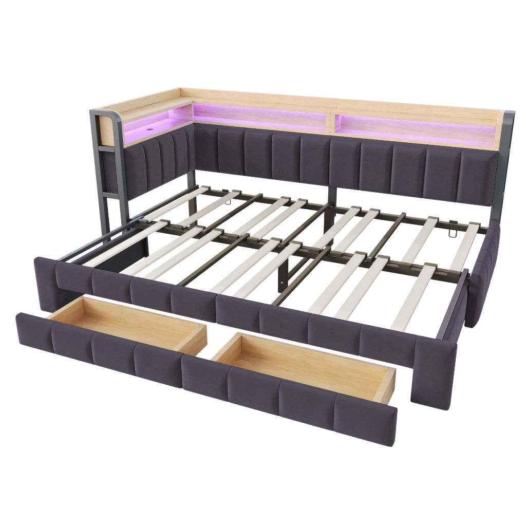 Divano letto imbottito 90x200 trasformabile 180x200, contenitori, cassetti, LED e USB/Type-C