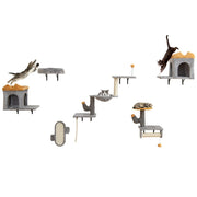 Set torre per gatti da parete con piattaforme e 2 comode cuccie, Set albero per gatti salvaspazio Grigio