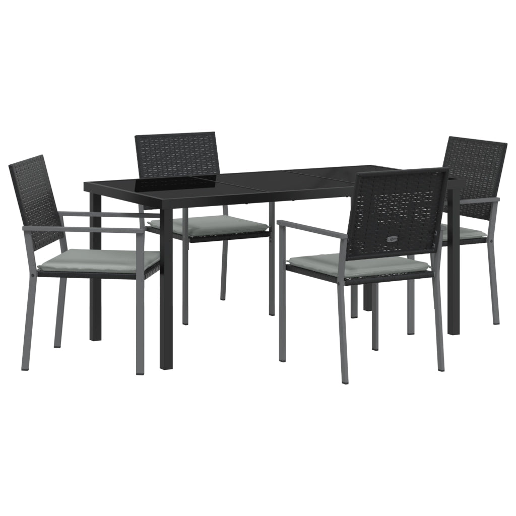 Set da pranzo da giardino a 5 pezzi con cuscini in polyrattan nero
