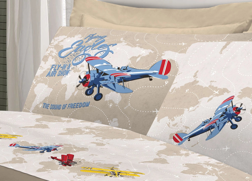 Completo Lenzuola Linea Pensieri Delicati 100% Cotone Disegno Aerei - Matrimoniale - Rosso